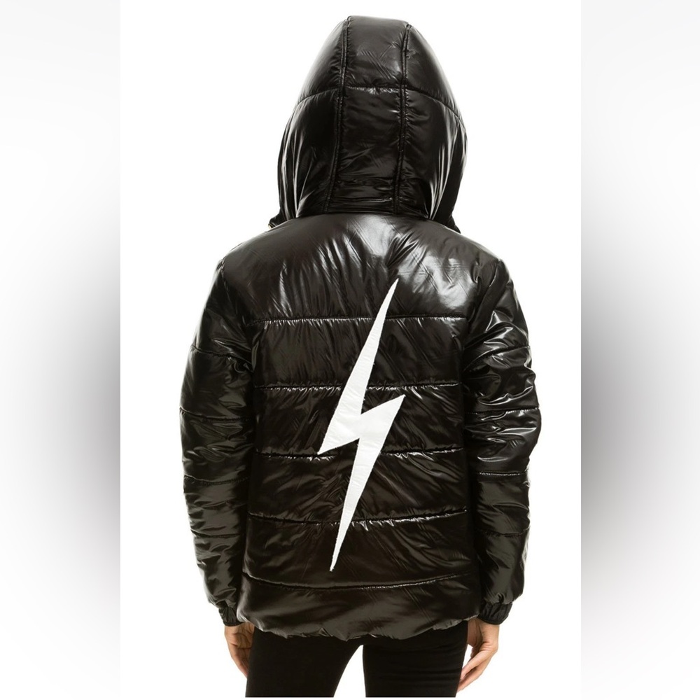 New AVIATOR NATION Bolt Luxe Trekker Hooded JACKET in Glossy Black L SKI